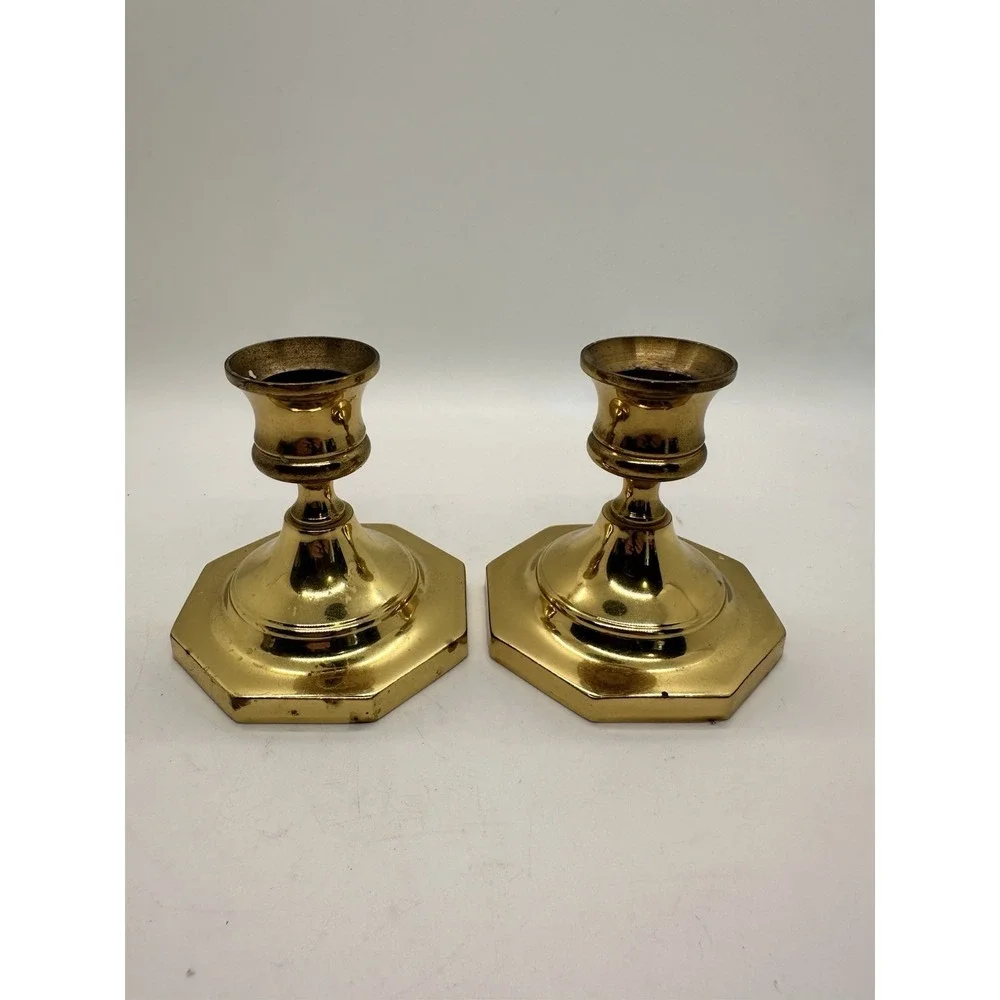 Pair Vintage Solid Brass‎ Octagon Base Candlestick Holders 3.5